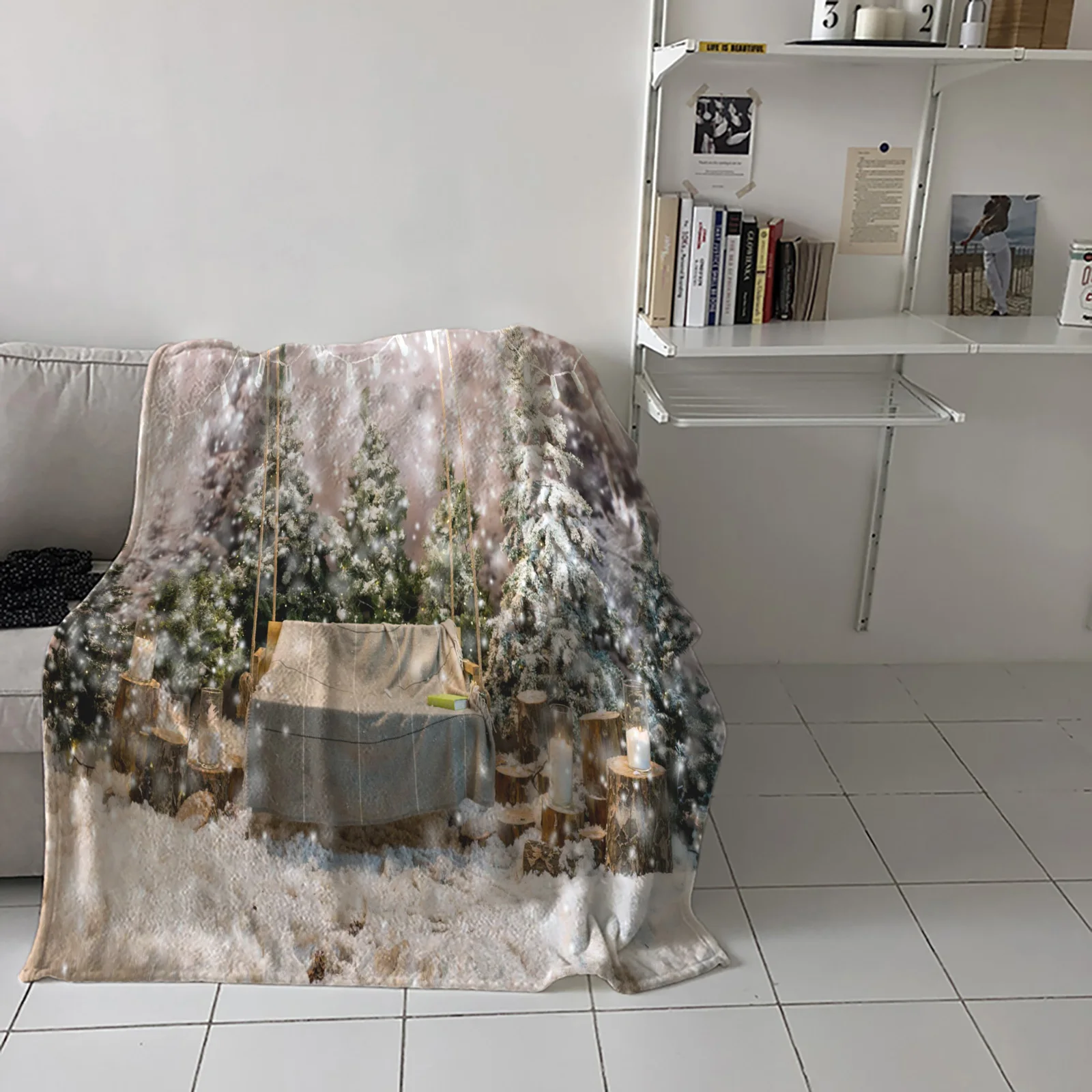 

Winter Pine Tree Candle Chair Snowflake Throw Blanket Home Sofa Decor Blanket Portable Soft Bedspread Flannel Blankets for Beds