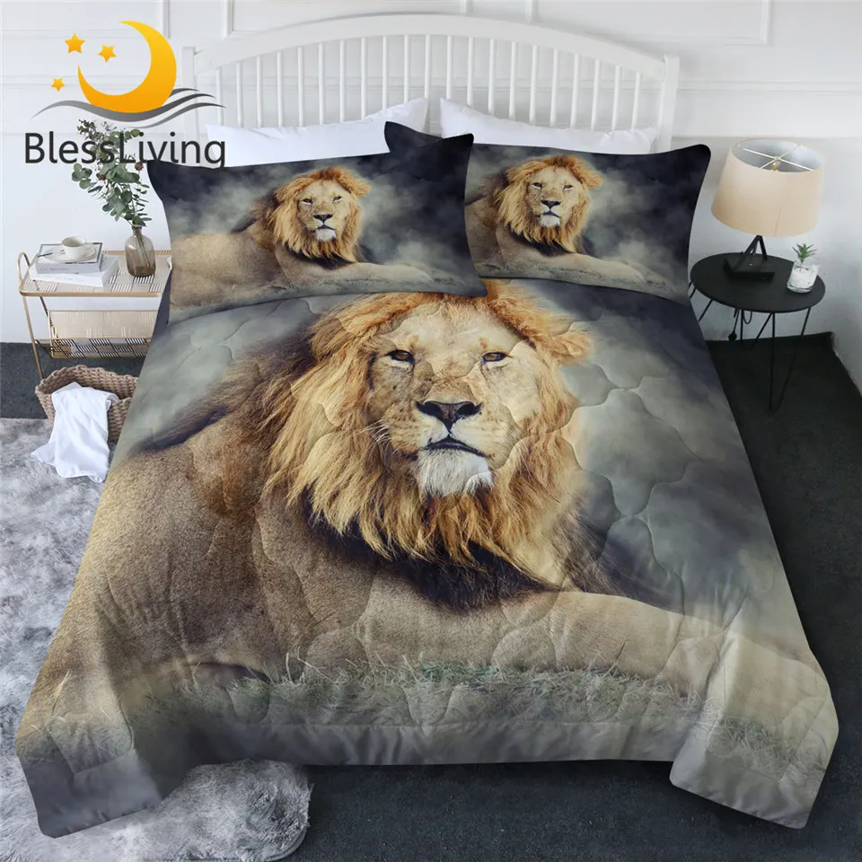 

BlessLiving Lion Summer Quilt 3D Printed Wild Animal Cool Blanket Yellow Khaki Bedding Modern Bedspread Vivid Couette De Lit