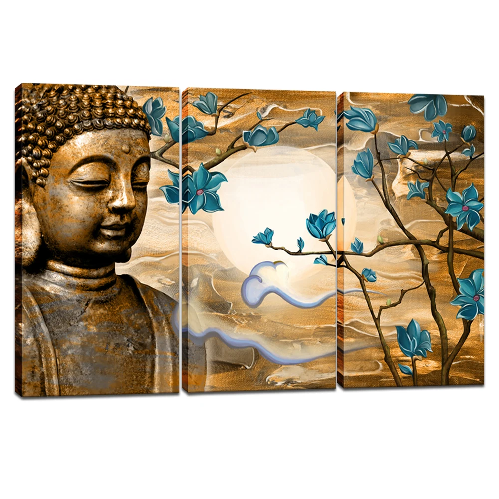 

Buddha and Flowers Home Decor Posters Buddha Statues Blue Flower Print Canvas Art Modern Style Picture Living Room Wall Art