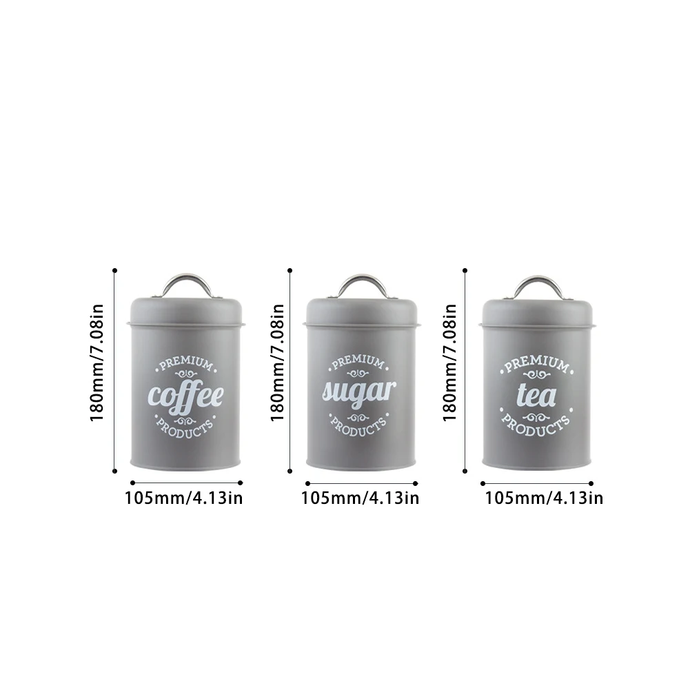 

3PCS Metal Canister Airtight Canister Decorations With Lids Canister Set For Sugar Coffee Tea Storage Grey Kitchen Supplies