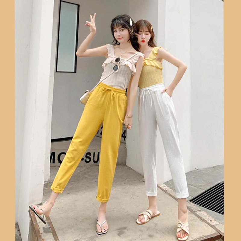 Брюки женские хлопково-льняные с завышенной талией повседневные свободные