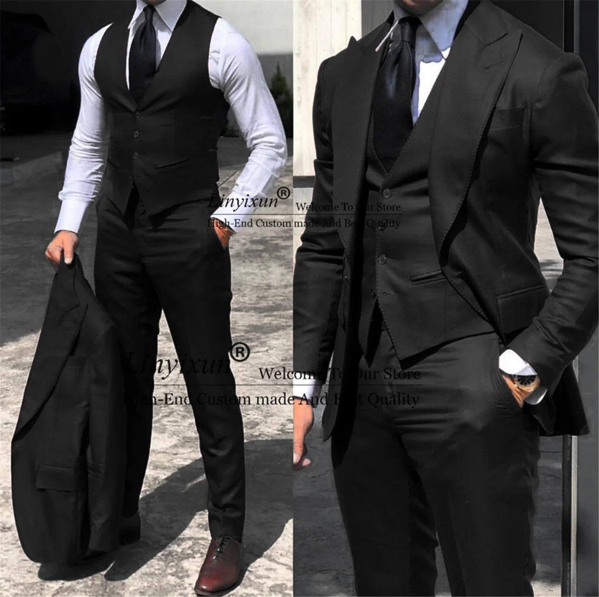 

Classic Black Mens Wedding Suits Peak Lapel Groom Tuxedo For Groomsmen Outfit 3 Piece Jacket Pants Vest Set Business Male Blazer