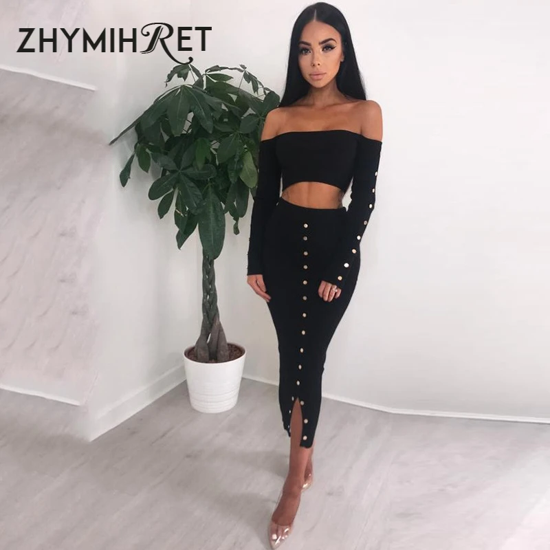 ZHYMIHRET модный короткий топ с вырезом лодочкой и юбка миди набор для женщин осень 2019