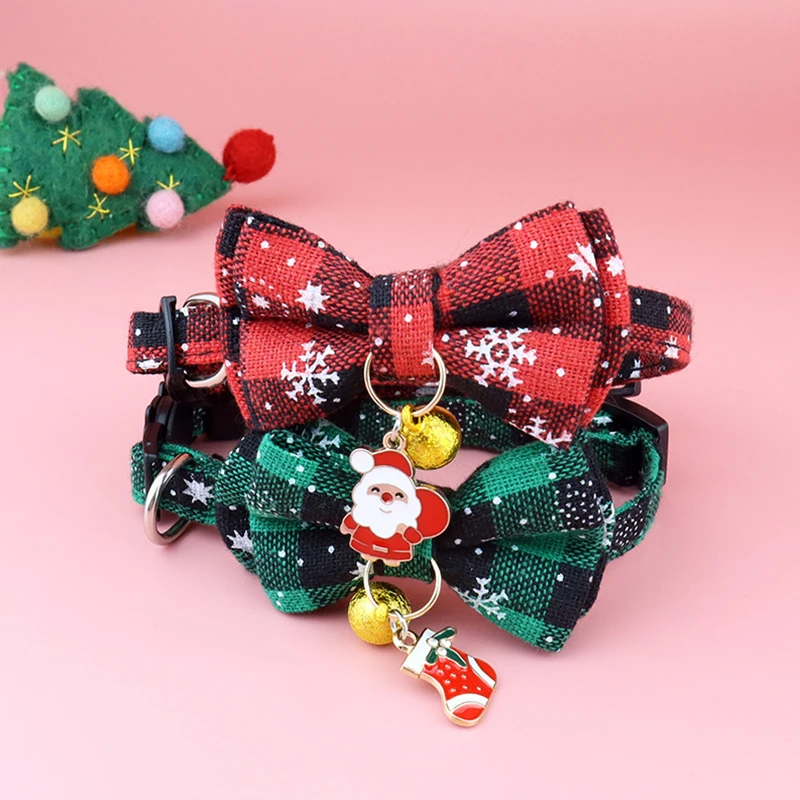 

Cute Bowknot Pets Cats Collars Christmas Snowflake Small Dogs Necklace Bow Tie Decor Soft Leather Red Striped Puppy Cat Collar