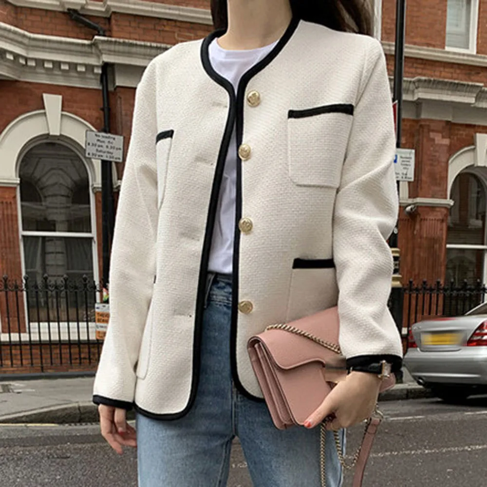 

Women Autumn Coat Korean Color Block Patchwork Single Button Pocket Cardigan Long Sleeve Loose Casual Office Lady 2021 New Coats