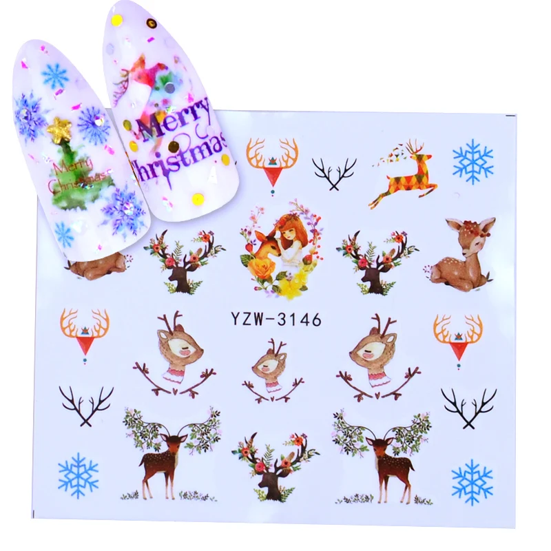 YZW-3146 1 лист рождественские Санты снежинка снеговик смешанный дизайн DIYSticker переводная вода наклейки для ногтей - Цвет: YZW-3146