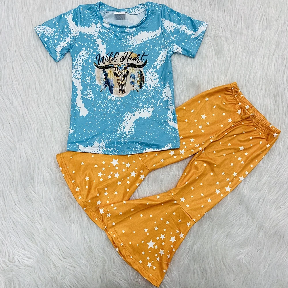 

Kids girls two piece summer outfits short sleeve shirt bell bottoms pants star print children clothes set baby boutique clothing