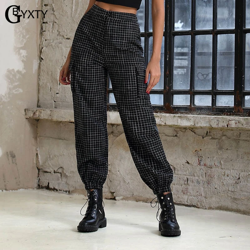 GBYXTY уличная женские брюки карго осень с высокой талией карманами штаны в клетку