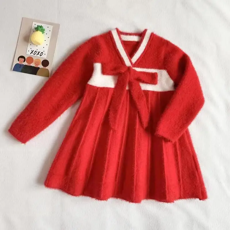 Ethnic style V-neck embroidery knit dress Autumn and winter new children's sweater dresses girls princess warm dress - Цвет: Красный