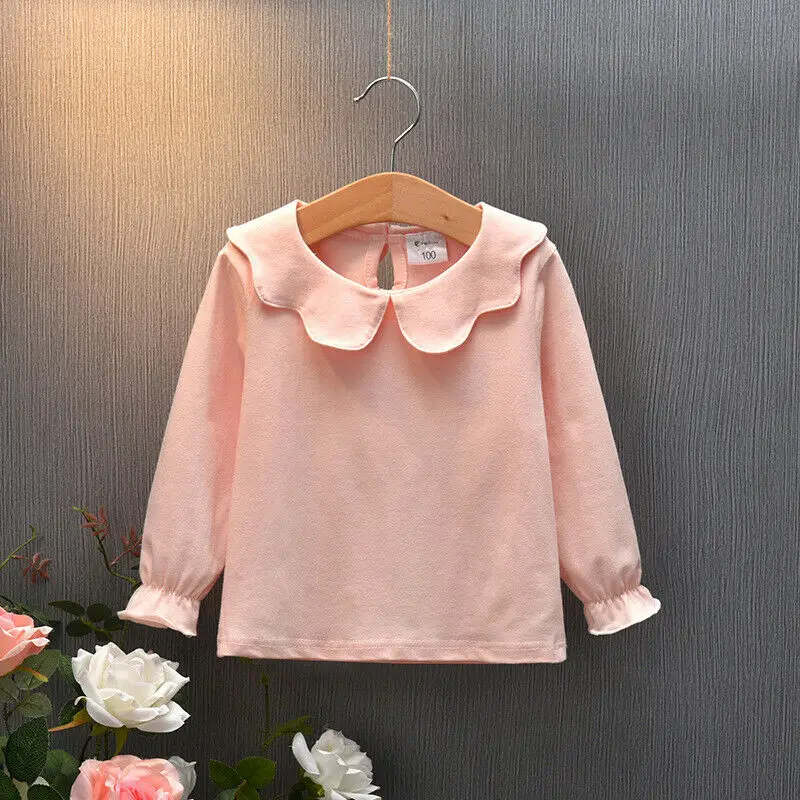 

Baby Kid Girl Pullover Long Sleeve Collar Bowknot Blouse Cotton Top Ruffle T Shirt Tee Autumn Winter Casual Bottoming T-shirt
