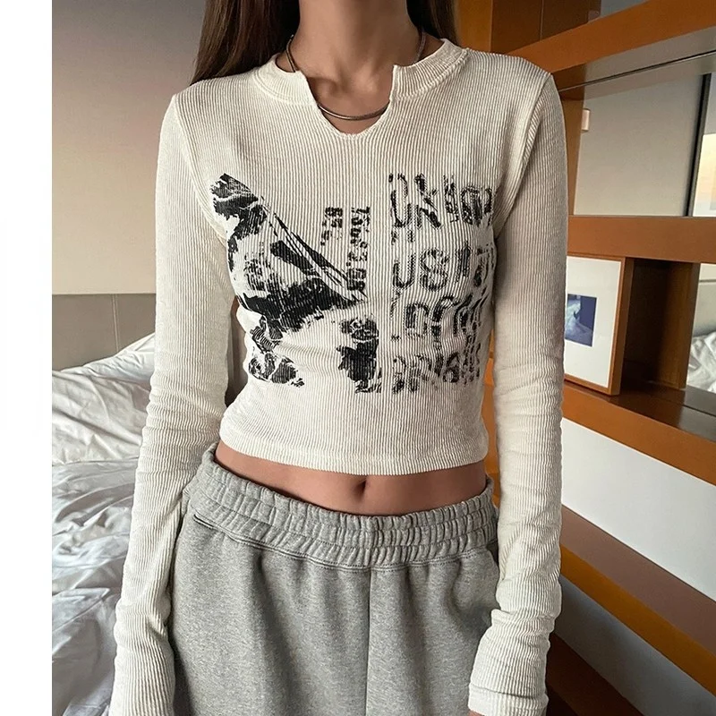 

Summer Pop Letter Print Long Sleeve Short Top Ladies Korean Chic Sexy Slim Knit T-shirt Aesthetic Streetwear Womens Clothing