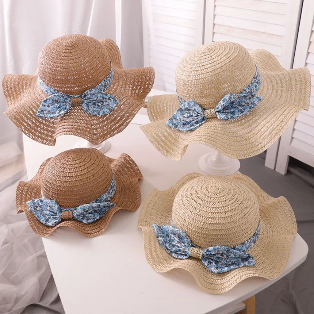 

LONSANT Kids hats Parent-child bow-tie princess straw beach hat baby Girls anti-UV Beach fisherman hat Summer Drop ship NEW 2020