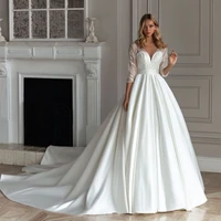 long sleeve wedding dress 2021 v neck satin elegant shinny squeins royal train luxury bridal gown robe de mariee charming new