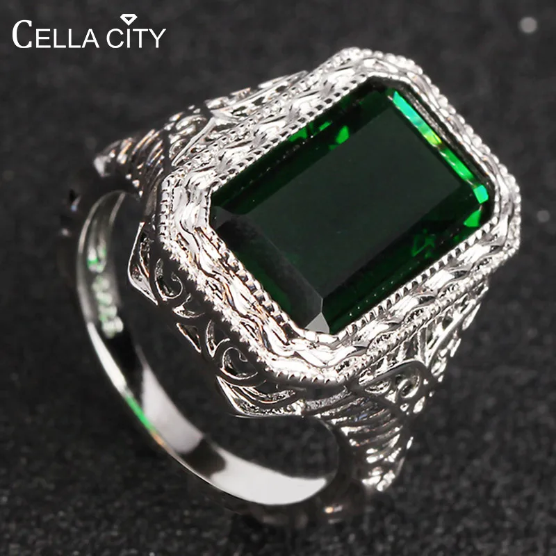 Женское прямоугольное кольцо из серебра 925 пробы с изумрудами и геометрическими