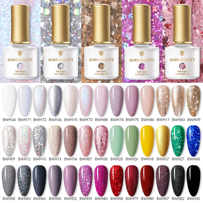 

BORN PRETTY 7ml Glitter Soak Off Nail Gel Colorful Pink Purple Black White Nail Gel Polish Sequins Gel Nail Varnish for Manicure