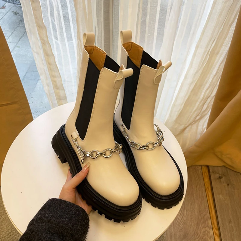 

Blwbyl роскошные женские ботильоны челси из натуральной кожи с металлической цепочкой на массивной платформе на среднем каблуке мотоциклетна...