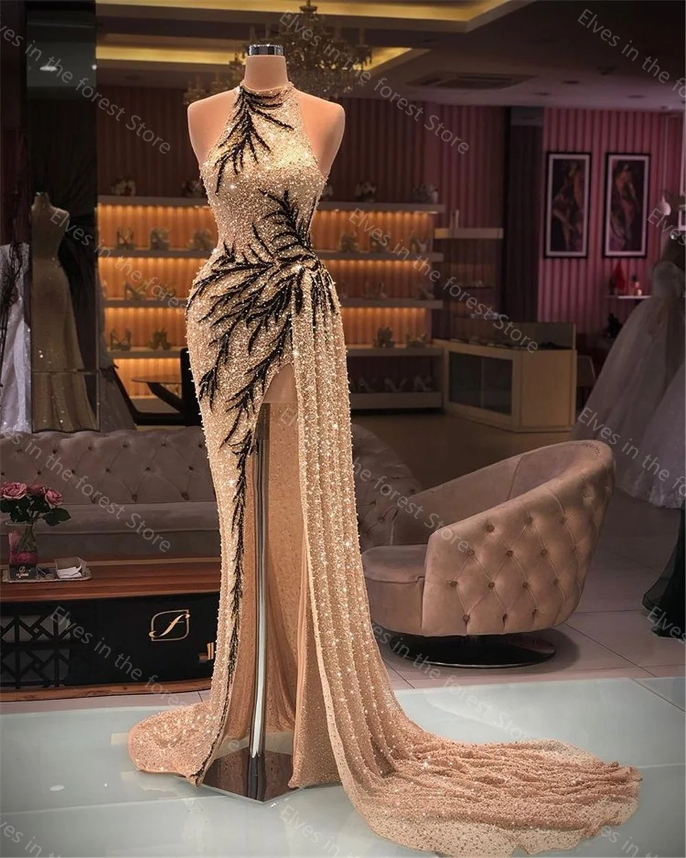 

Champagne Beaded Black Girls Evening Dress High Split Sequins Halter Sleeveless Birthday Party Prom Gowns Custom Made Plus Size