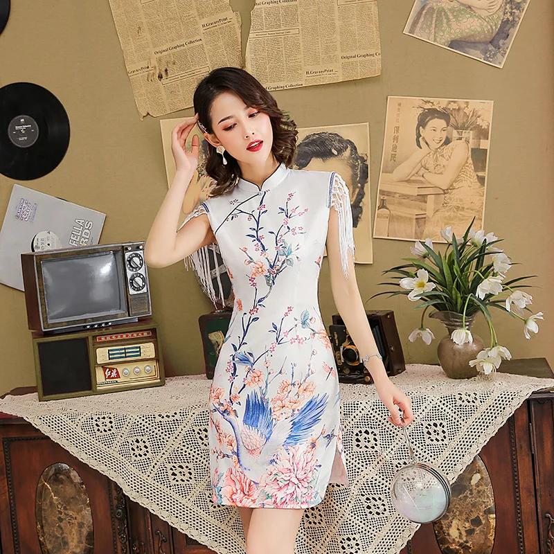 

Novelty Tassel Sleeve Veatidso Short Print Flower Cheongsam White Tassel Sleeve Sexy Lady Chinese Dress Mandarin Collar Qioao