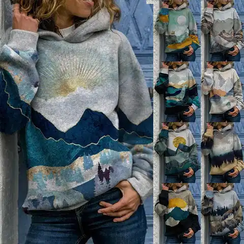 Women's Autumn Winter Printed Landscape Printed Pullover Mosaic Color Long-Sleeved Warm Women Loose Top Hoodie