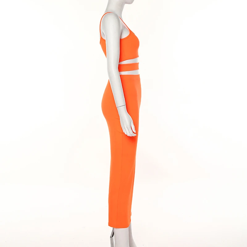 

women solid color strapless hollow out crop top high waist elastic skinny long skirts two pieces set female fashion outfit