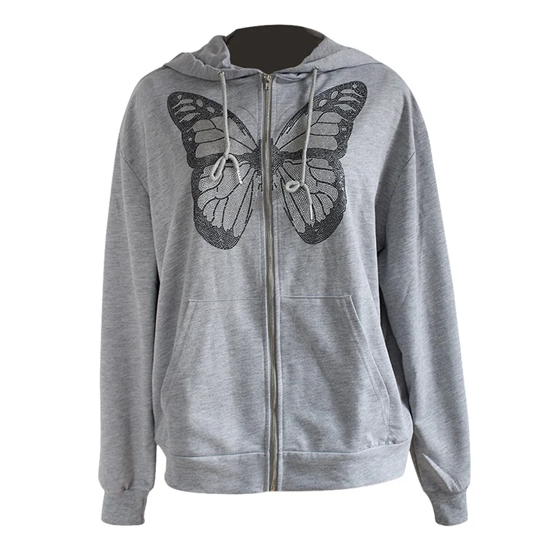 

MoneRffi Y2K Fashion Oversized Butterfly Graphic Rhinestone Zip Up Hoodies E-girl 90s Streetwear Diamond Grey Long Jacket Autumn