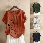 Женская Лоскутная Блузка с принтом ZANZEA, льняные топы, повседневные блузы с круглым вырезом, рубашки с коротким рукавом, туника, 2021