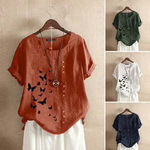 Женская Лоскутная Блузка с принтом ZANZEA, льняные топы, повседневные блузы с круглым вырезом, рубашки с коротким рукавом, туника, 2021