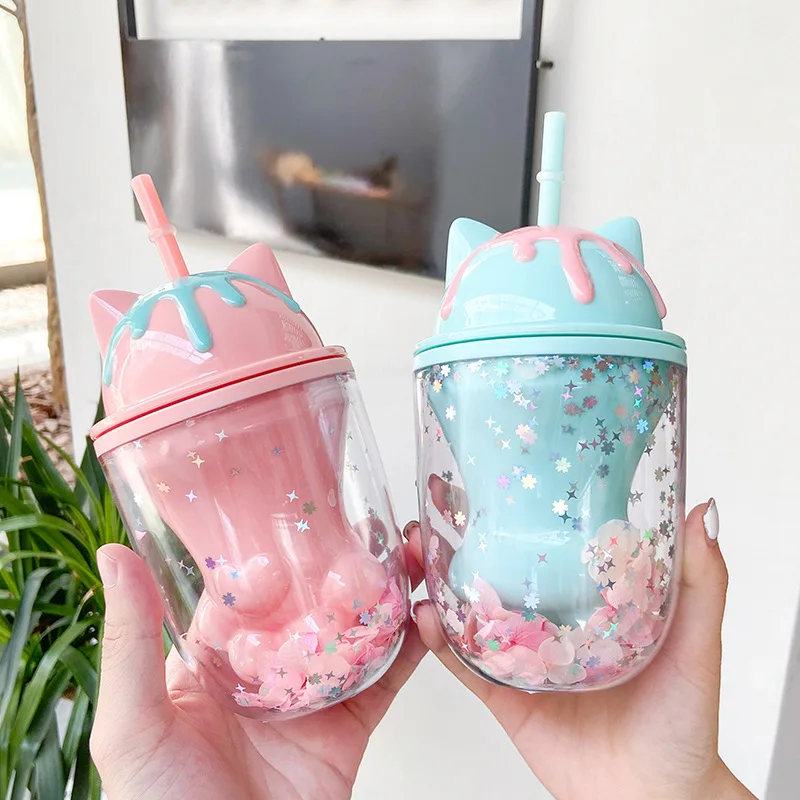 500ml cartoon cat's paw double-layer plastic cup cute sequined straw water cup straw cup coffee customizable logo sticker