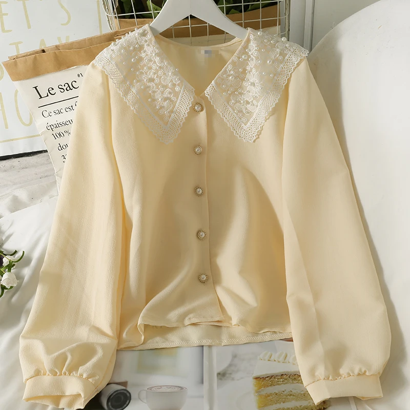

Lace Splicing Beads Lapel Single Breasted Cardigan Top Women's 2021 Autumn Loose Slimming Long Sleeves Bottoming Shirt Fashion