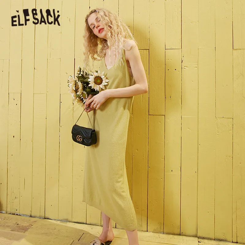 Женское Повседневное трикотажное платье ELFSACK зеленое однотонное черное