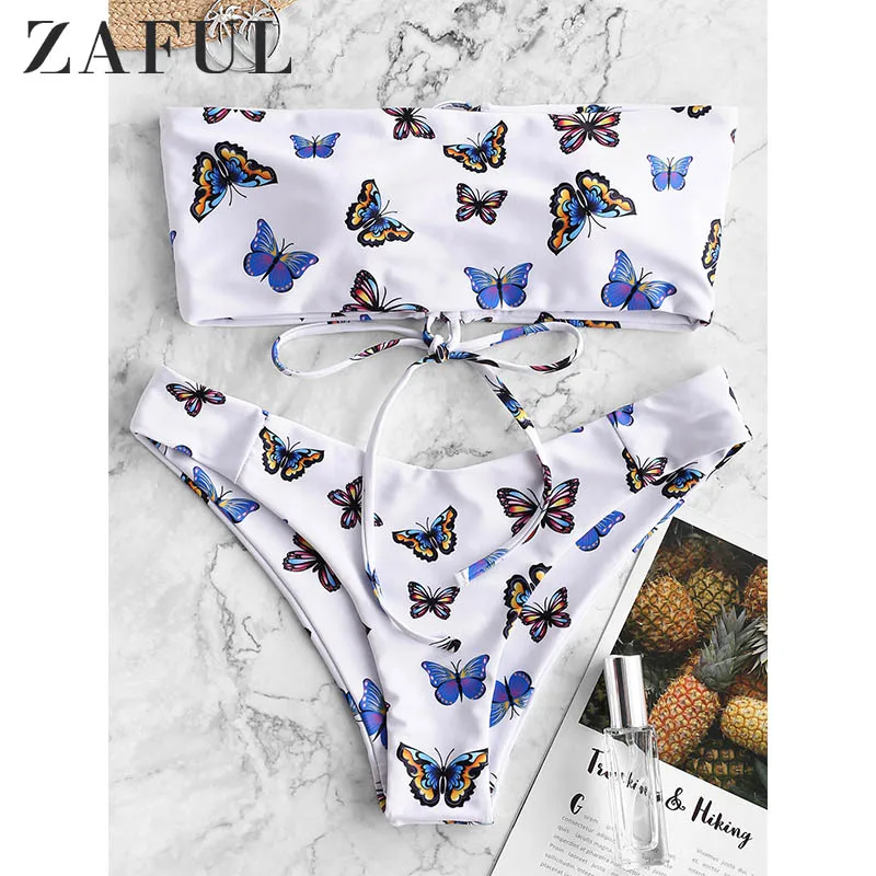 Женский купальник без бретелек ZAFUL бикини с принтом бабочки на шнуровке бандо