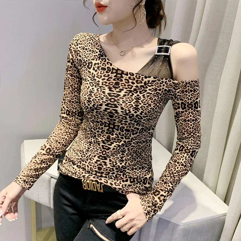 

#5720 Spring Autumn Casual Vintage Off Shoulder T Shirt Women Skew Collar Spliced Mesh Skinny Basic T Shirt Female Long Sleeve