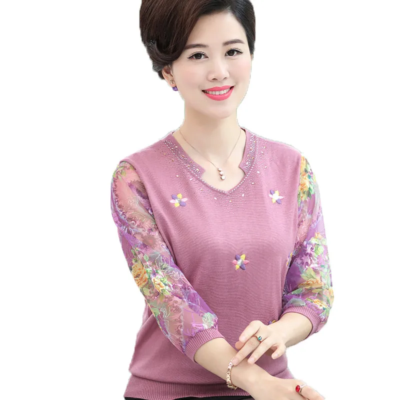 

Middle-Aged Elderly Women's T-shirts New 2023 Spring Autumn V-Neck Yarn Sleeve Tee Knitting Shirt Top Elegant Bottoming Shirt