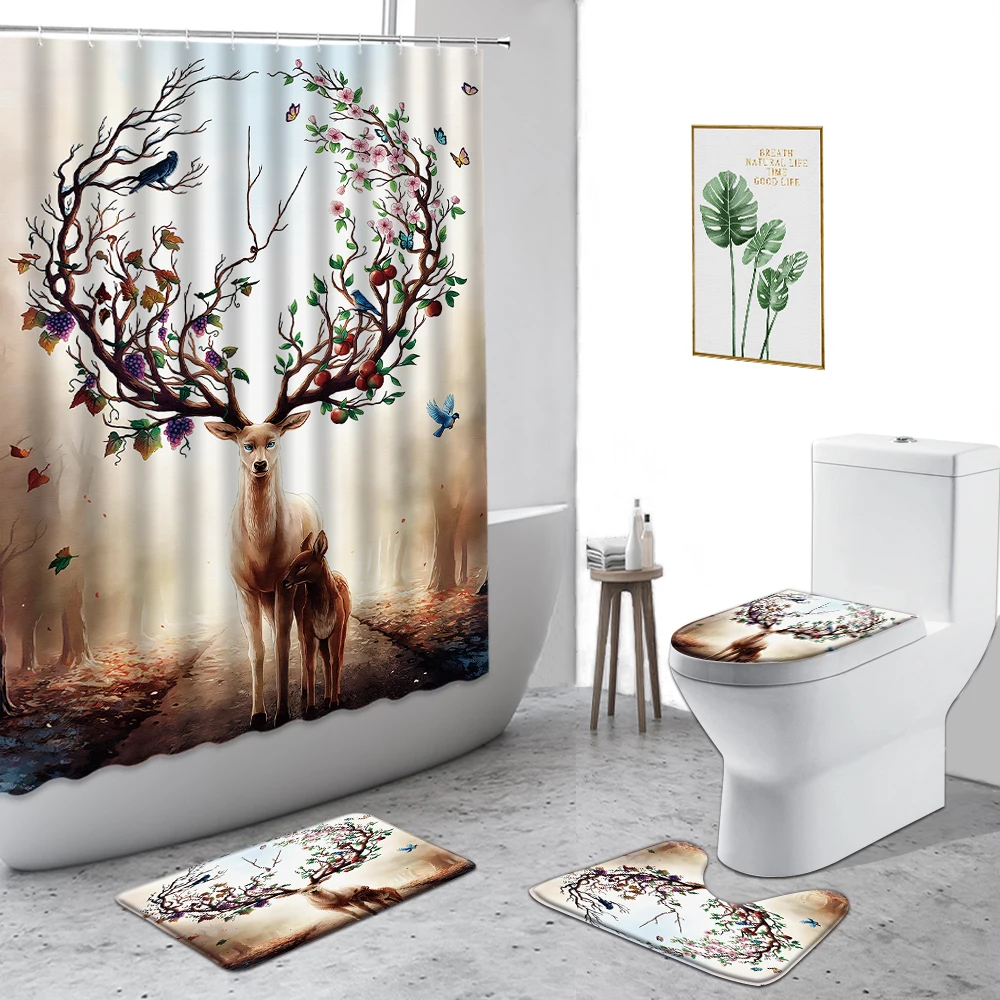 

Forest Elk Shower Curtain Christmas Deer Modern Decor Background Anti-Slip Carpet Toilet Mat Waterproof Bath Curtains With Hooks