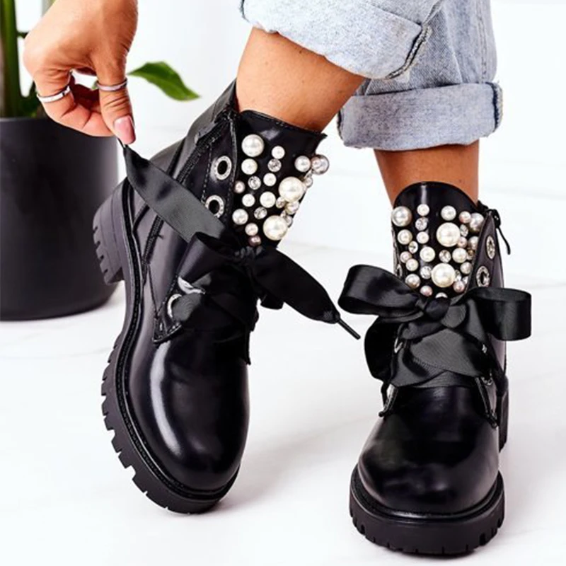 

Women Ankele Boots Fashion Pearl Decor Solid Color Black Lace Up Casual Ladies Boots Round Toe Non-Slip Platform Female Shoes