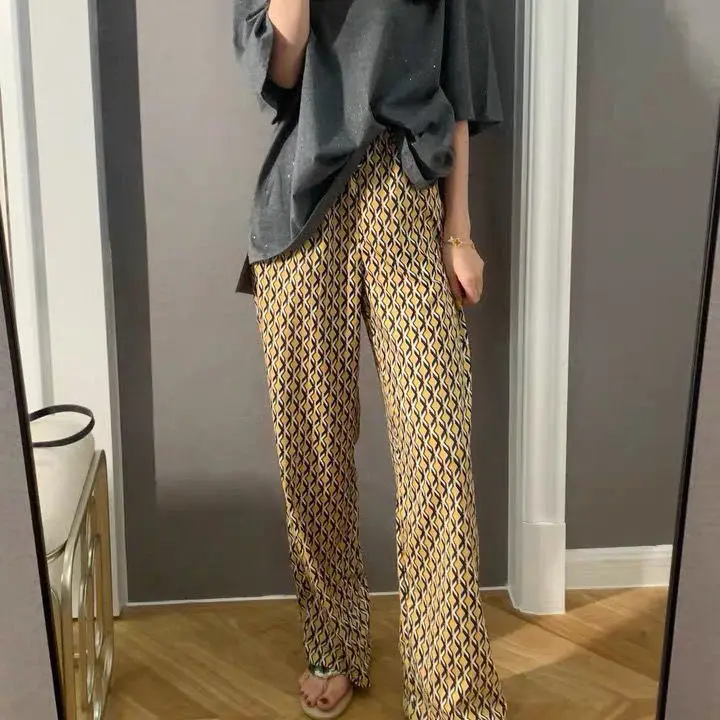 

Loose wide leg pants women's pendant pants student Korean style printed straight pants summer high waist slim pants thin
