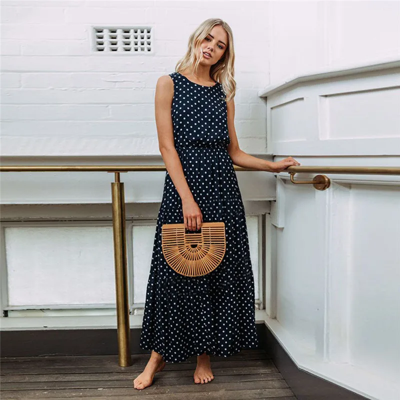 

Polka Dot Summer Women Dress Spaghetti Strap Boho Maxi Party Loose Lady Dresses Sleeveless Fashion Vintage Summer Sundress