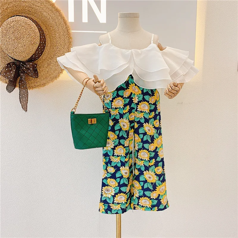

Fashion Girls Summer Sleeveless Ruched Ruffles Solid Tops T-shirts Long Print Sunflower Pants Kids Children Clothes Sets 2pcs