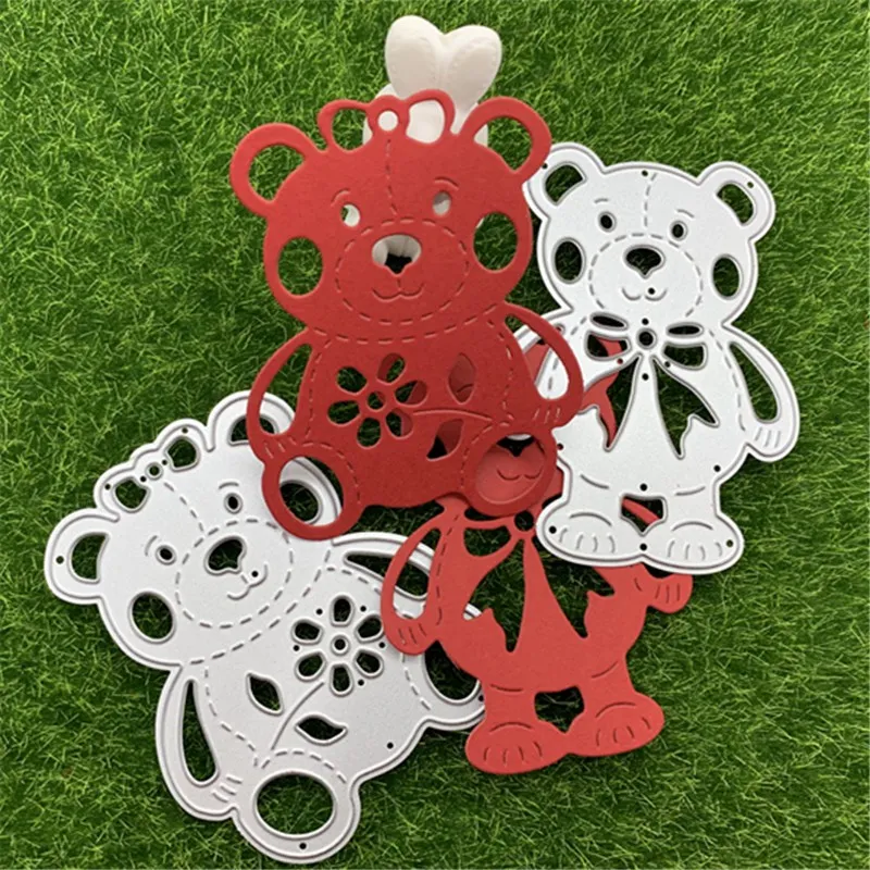 2 банта с маленьким медведем, маленькие цветы, маленький медведь, ручная работа, тиснение, альбом «сделай сам», скрапбукинг, поздравительная открытка, украшение, металлический котлет