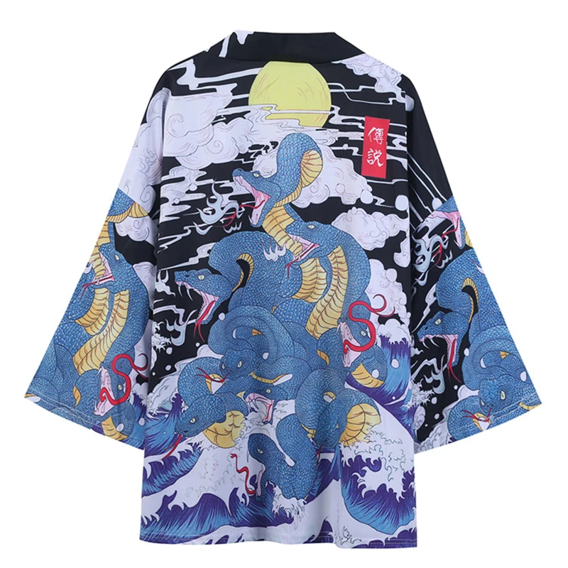 

Chinese style Japanese kimono handsome Ukiyo-e seven-quarter sleeves lined kimono men women couple kimono casual cape coat shirt