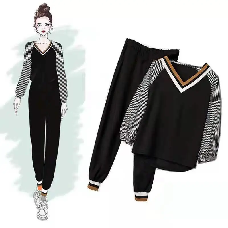 Autumn and Winter Plus Size 2021 New Women's Slimming Harem Pants Knitted Two-piece Western-style Sports Pants Suit