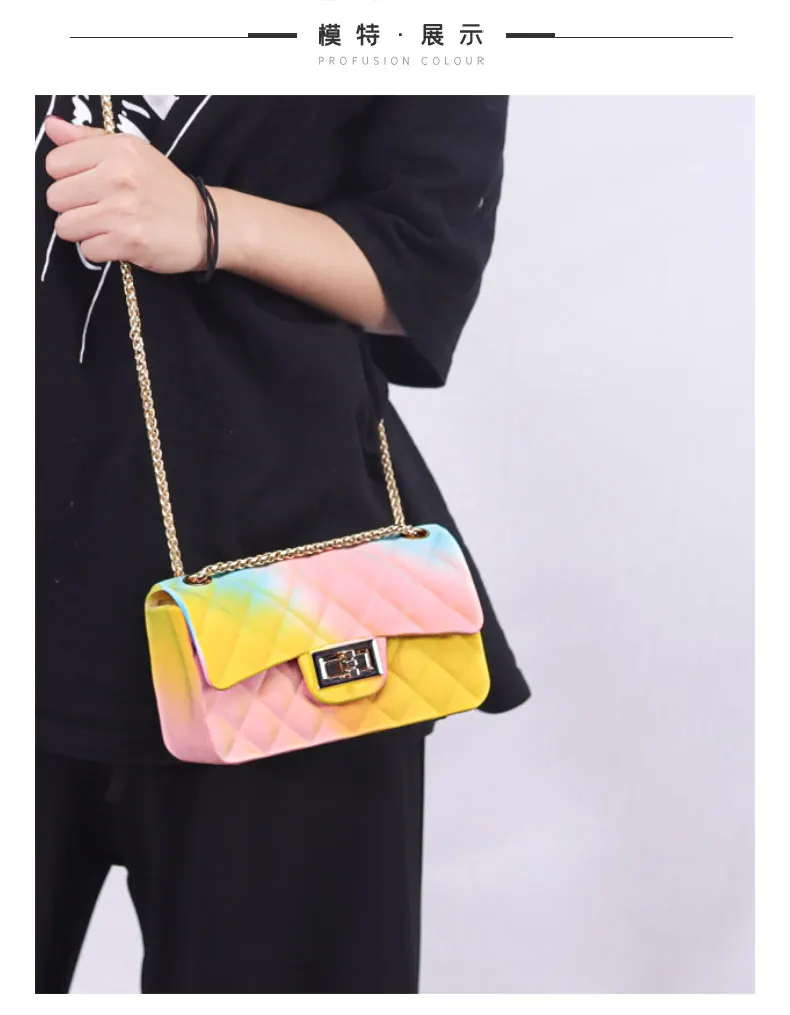 New Jelly Small Square Bag Clutch Purse Women's Bag Messenger Bag Gradient Rainbow Rhombic Chain Shoulder Crossbody Bag