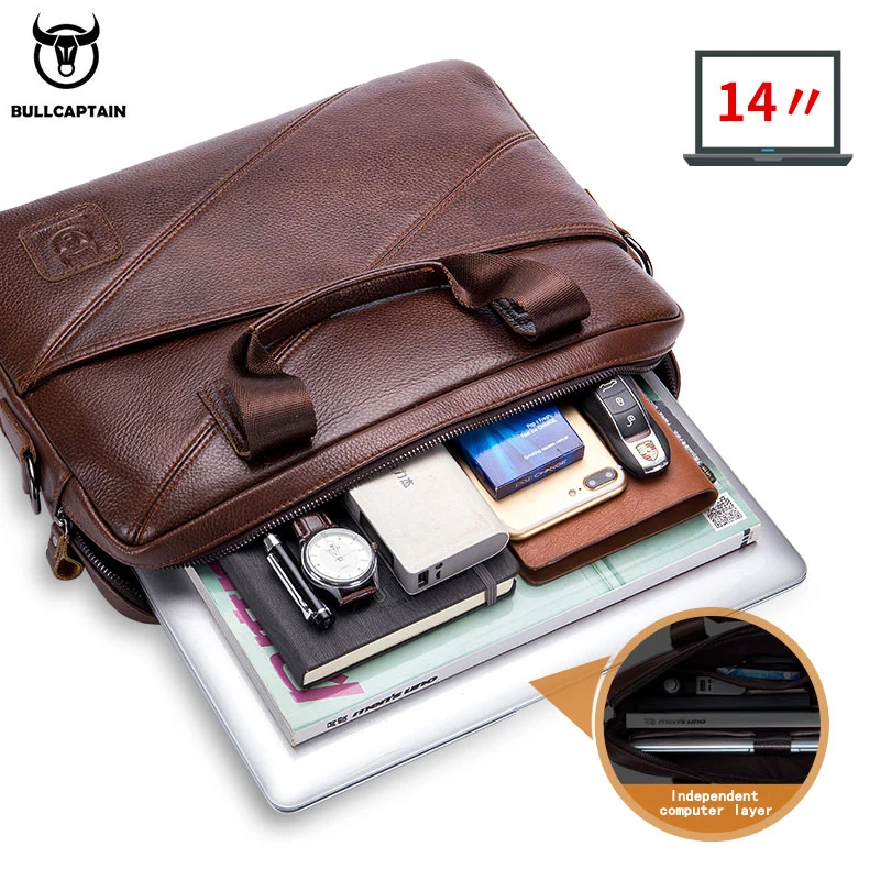 BULLCAPTAIN 2020 Men's Briefcase Business Handbag Can Be Used For 15 Inch Laptop Casual Shoulder Messenger Bags Leather Bag Men