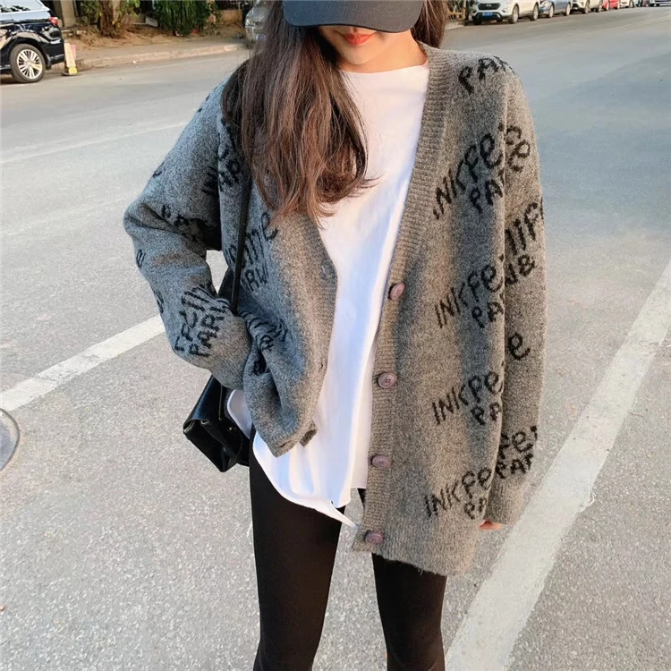 

2020 Korean Style Casual Letters Pattern Single Breasted Long Sleeve Sweater Coat Knitwear Tops Retro Knitted Cardigan Women