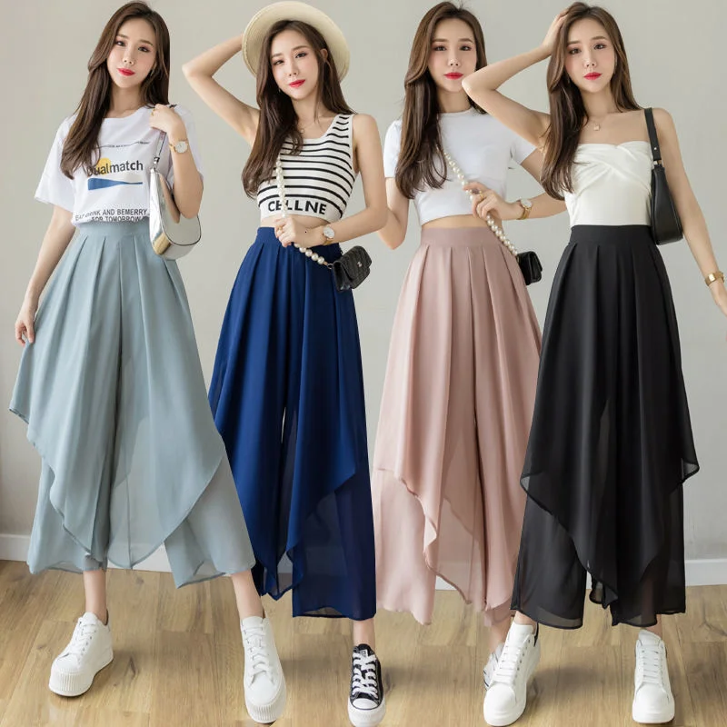 

Summer 2021 new irregular Chiffon wide leg pants Korean elastic waist casual pants quarter skirt 1036#
