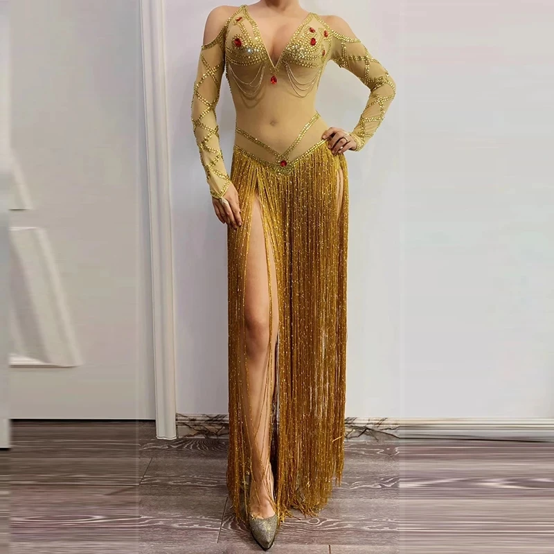 

Sexy V-neck Long Sleeve Transparent Mesh Gold Rhinestones Long Tassel Bodysuit Women Singer Dancer Models Adult Stage Costume