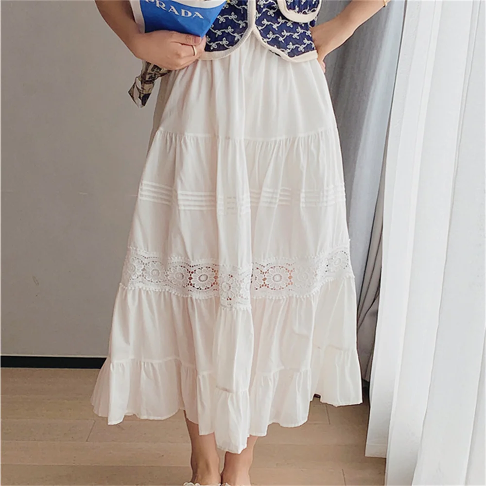 

Hzirip Hot Sale Sweet Patchwork Lace Chic New Summer Party All Match Lady 2021 Girls A-line Femme Loose High Waist Long Skirts