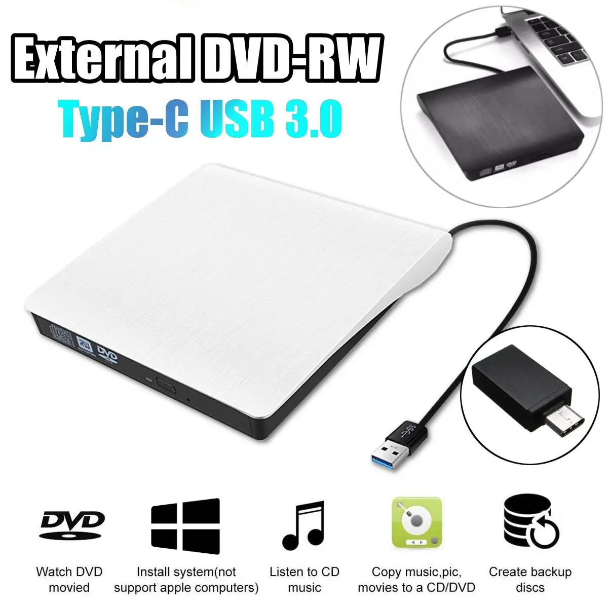 Тип C USB 3,0 внешний DVD/CD/VCD горелка RW SVCD привод плеер оптический привод для Mac/PC/Apple ноутбук/OS/Windows