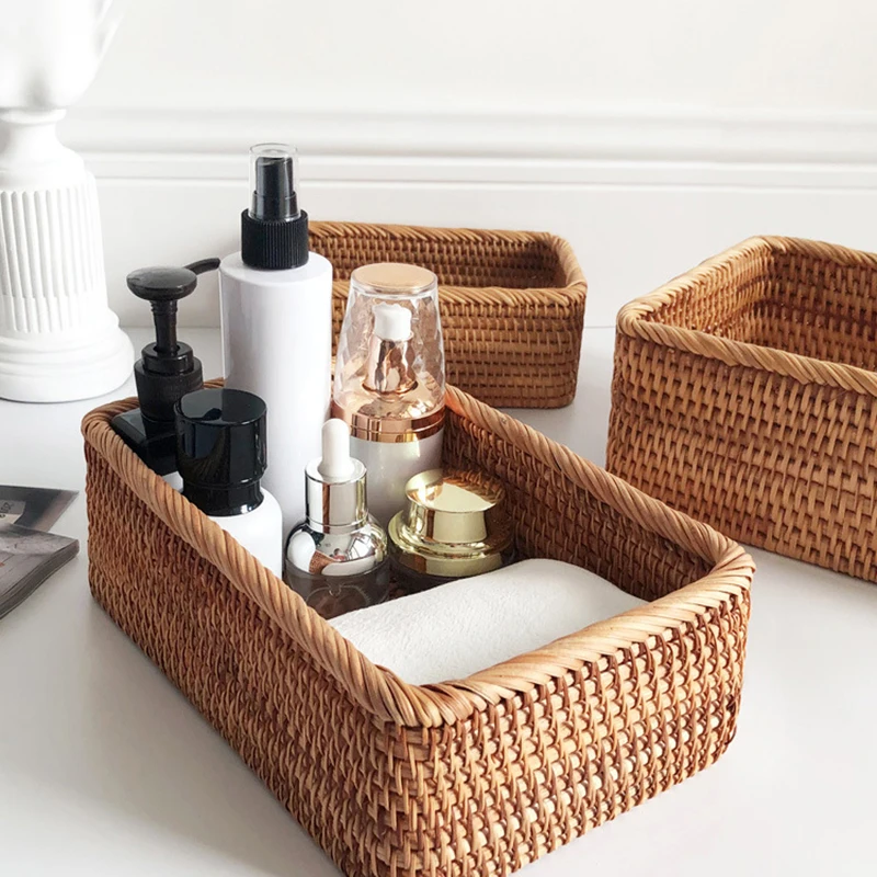 

Hand-wove Rattan Wicker Basket Rectangular Storage Boxes Fruit Tea Snack Bread Picnic Cosmetic Containers Home Kitchen Organizer