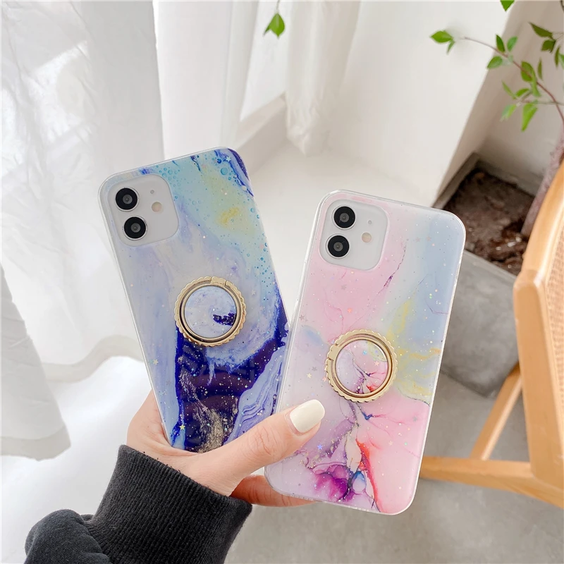 

Stylish Glitter Blue Marble Stand Phone Case For iPhone 12 Mini 11 Pro XS MAX XR X 7 8 Plus SE 2020 Soft Epoxy Back Cover Coque
